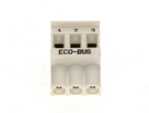 Weiße Bosch Anschlussklemme mit drei Einschnitten für den BUS-Anschluss, beschriftet mit den Zahlen 1, 2 und 3. Geeignet für die Verbindung elektrischer Komponenten.